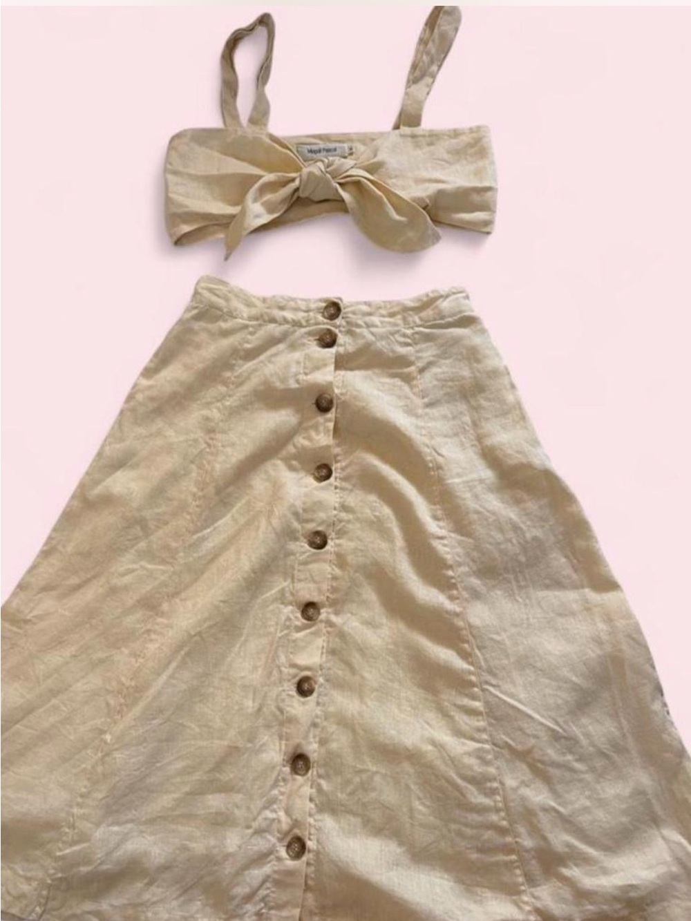 High-Waist Button-Front A-Line Linen Skirt in Cream by Vagabond Heart